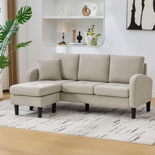 Sofá de canto de 3 lugares 166x118x77 cm - Tecido cordão, modular, pés de plástico - Castanho claro