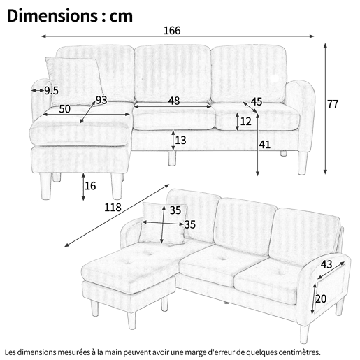 Sofá de canto de 3 lugares 166x118x77 cm - Tecido cordão, modular, pés de plástico - Castanho claro