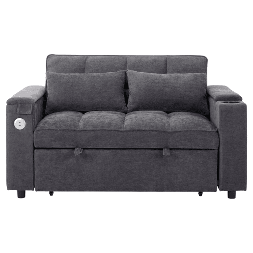 Sofá-cama 140,5 x 74 x 82 cm - 3 em 1, com encosto ajustável, USB, mesa oculta, porta-copos - Cinza