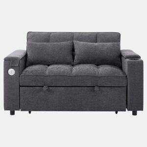 Sofá-cama 140,5 x 74 x 82 cm - 3 em 1, com encosto ajustável, USB, mesa oculta, porta-copos - Cinza