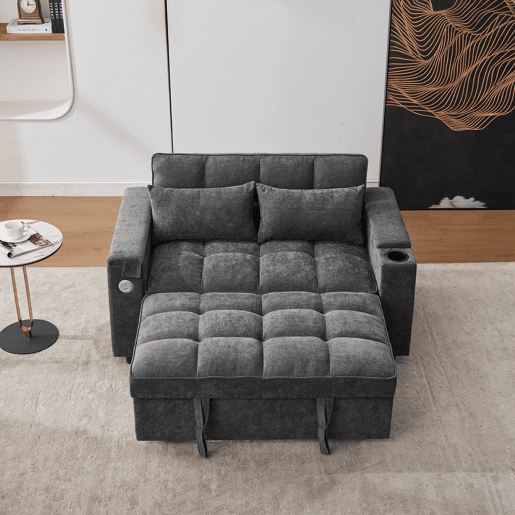 Sofá-cama 140,5 x 74 x 82 cm - 3 em 1, com encosto ajustável, USB, mesa oculta, porta-copos - Cinza