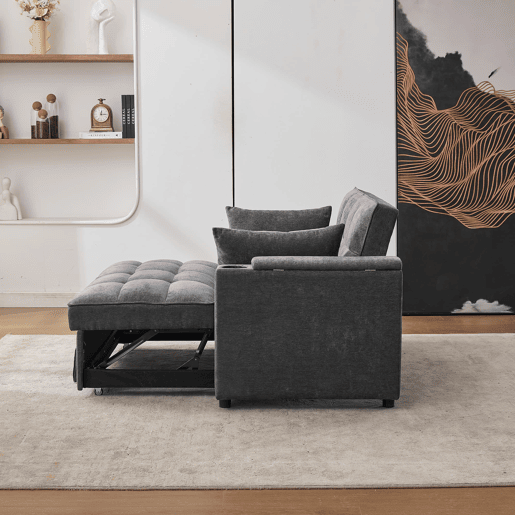 Sofá-cama 140,5 x 74 x 82 cm - 3 em 1, com encosto ajustável, USB, mesa oculta, porta-copos - Cinza