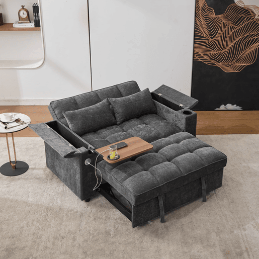 Sofá-cama 140,5 x 74 x 82 cm - 3 em 1, com encosto ajustável, USB, mesa oculta, porta-copos - Cinza