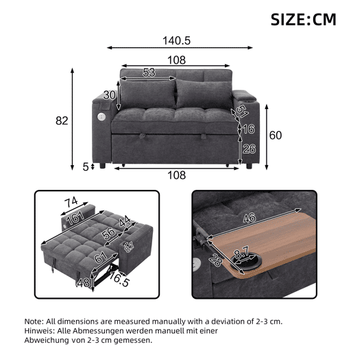 Sofá-cama 140,5 x 74 x 82 cm - 3 em 1, com encosto ajustável, USB, mesa oculta, porta-copos - Cinza