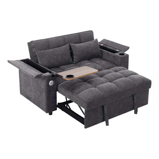 Sofá-cama 140,5 x 74 x 82 cm - 3 em 1, com encosto ajustável, USB, mesa oculta, porta-copos - Cinza