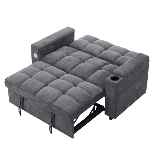 Sofá-cama 140,5 x 74 x 82 cm - 3 em 1, com encosto ajustável, USB, mesa oculta, porta-copos - Cinza