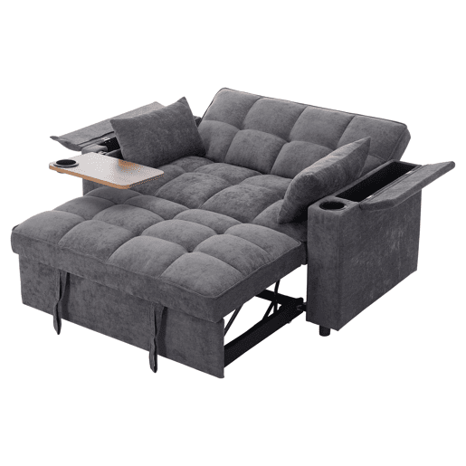 Sofá-cama 140,5 x 74 x 82 cm - 3 em 1, com encosto ajustável, USB, mesa oculta, porta-copos - Cinza