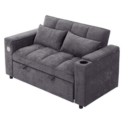 Sofá-cama 140,5 x 74 x 82 cm - 3 em 1, com encosto ajustável, USB, mesa oculta, porta-copos - Cinza