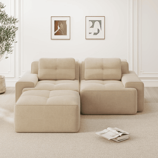 Sofá modular L 2 lugares - Veludo cotelê, assento profundo, com otomano, confortável - Bege