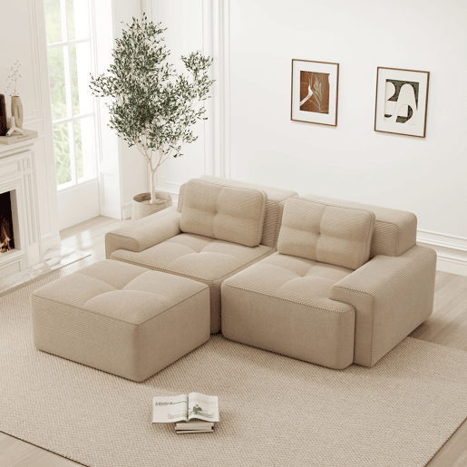 Sofá modular L 2 lugares - Veludo cotelê, assento profundo, com otomano, confortável - Bege