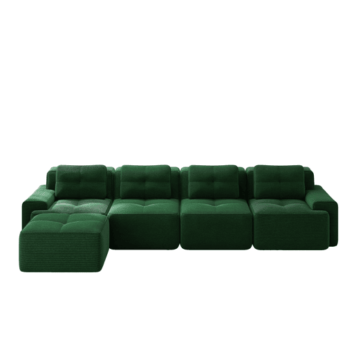 Sofá modular de 4 lugares - Chaise longue longa, profunda e confortável, estofada em veludo cotelê - Verde