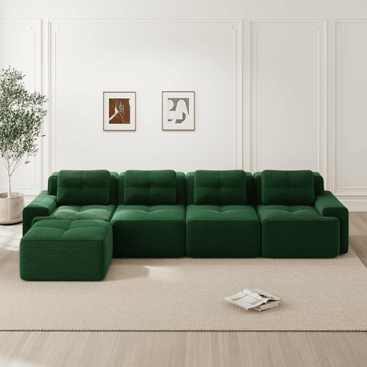 Sofá modular de 4 lugares - Chaise longue longa, profunda e confortável, estofada em veludo cotelê - Verde