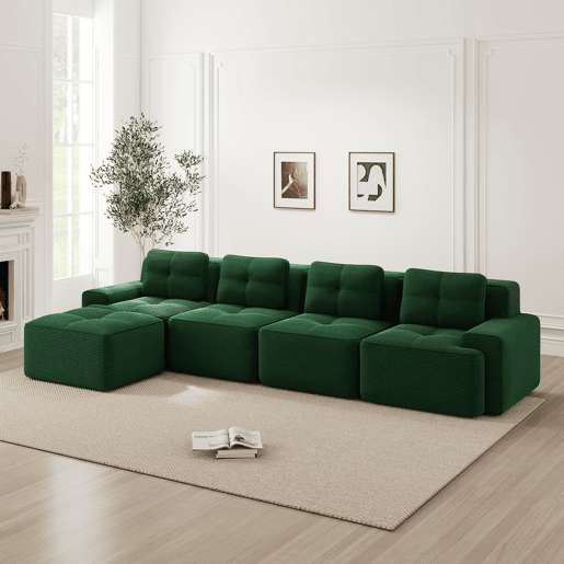 Sofá modular de 4 lugares - Chaise longue longa, profunda e confortável, estofada em veludo cotelê - Verde