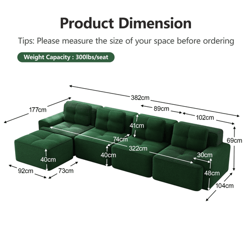 Sofá modular de 4 lugares - Chaise longue longa, profunda e confortável, estofada em veludo cotelê - Verde