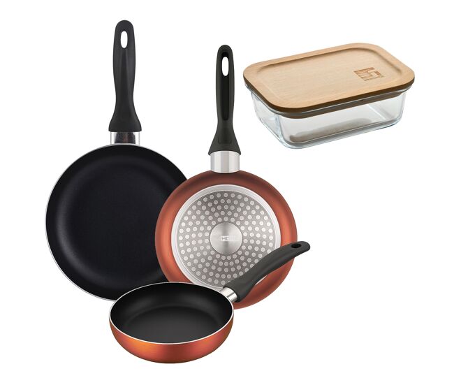 Well home set de 3 sartenes ø16ø20ø24cm de aluminio prensado en cobre metalizado+hermético de 650ml en vidrio de borosilicato