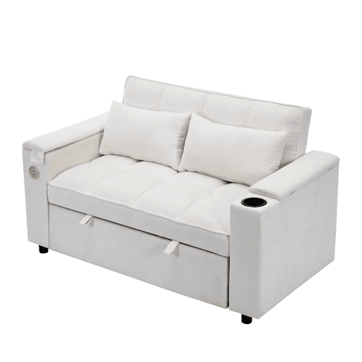 Sofá-cama 140,5 x 74 x 82 cm - 3 em 1, com encosto ajustável, USB, mesa oculta, porta-copos - Bege