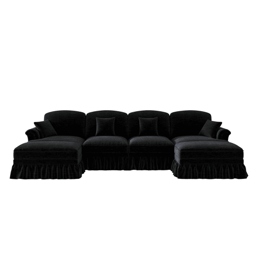 Sofá modular U 4 lugares - Chenille, braços cónicos, saia removível, pufes móveis - Preto