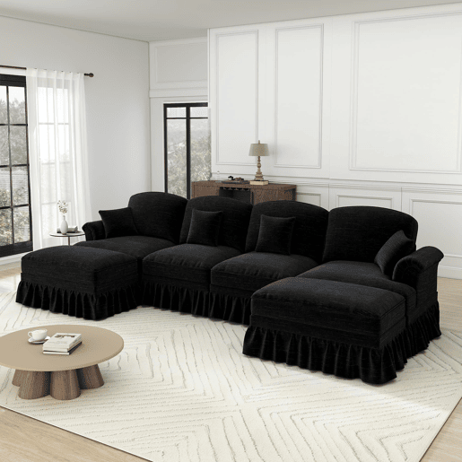 Sofá modular U 4 lugares - Chenille, braços cónicos, saia removível, pufes móveis - Preto