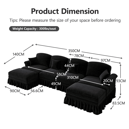 Sofá modular U 4 lugares - Chenille, braços cónicos, saia removível, pufes móveis - Preto