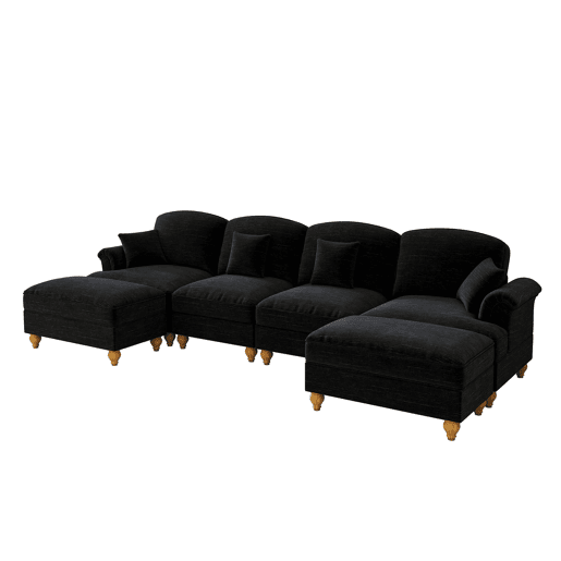 Sofá modular U 4 lugares - Chenille, braços cónicos, saia removível, pufes móveis - Preto