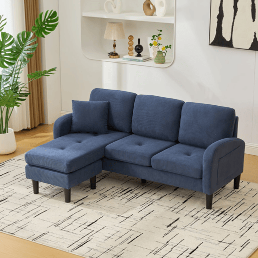 Sofá de canto de 3 lugares 166x118x77 cm - Chaise longue modular, tecido de veludo cotelê - Azul