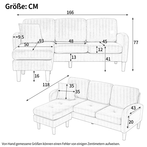 Sofá de canto de 3 lugares 166x118x77 cm - Chaise longue modular, tecido de veludo cotelê - Azul