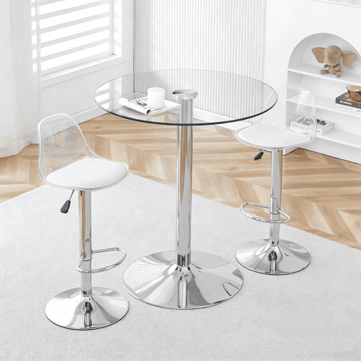 Conjunto Bar 89 cm - Mesa de vidro + 2 bancos ajustáveis e giratórios - Prateado, Transparente