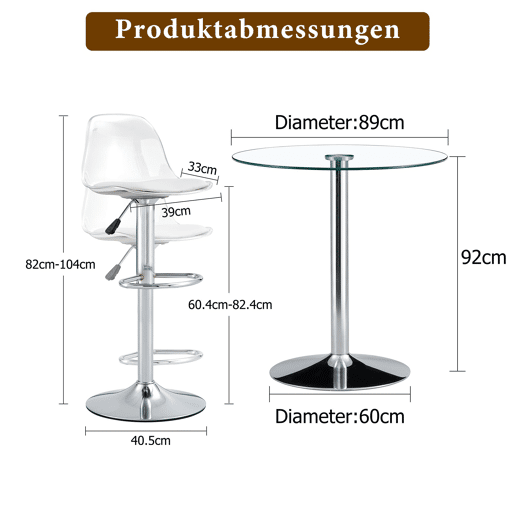 Conjunto Bar 89 cm - Mesa de vidro + 2 bancos ajustáveis e giratórios - Prateado, Transparente