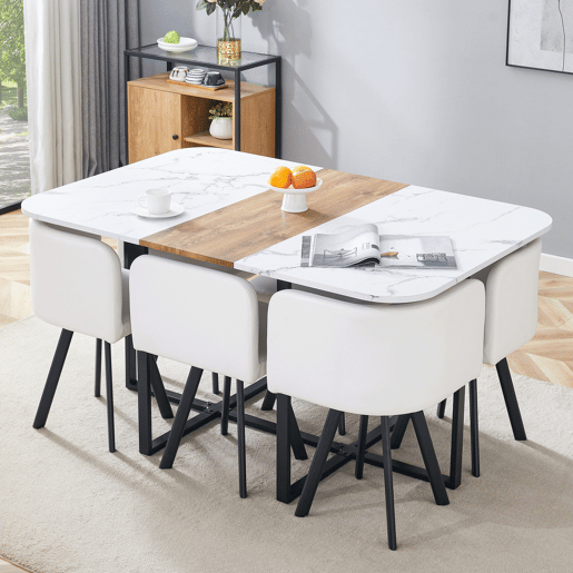 Conjunto de mesa de jantar para 4-6 pessoas - extensÃvel e cadeiras dobráveis - branco e preto Conjunto de mesa de jantar para 4-6 pessoas - extensÃvel e cadeiras dobráveis - branco e preto