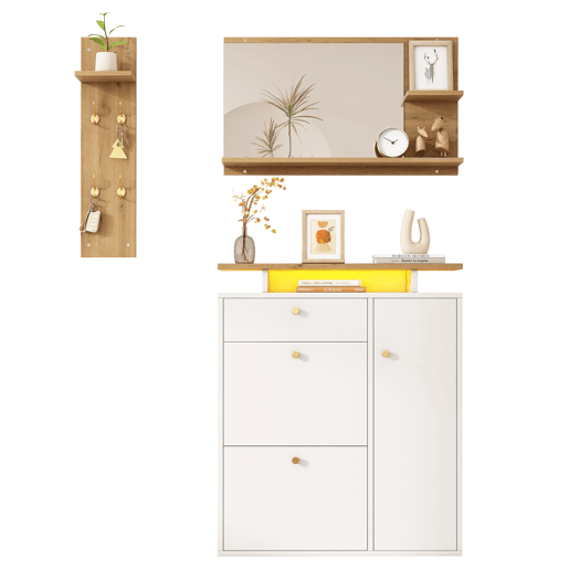 Conjunto de hall de entrada 105x25x151,5 cm - 3 peças com espelho, LED e ganchos - BrancoNatural