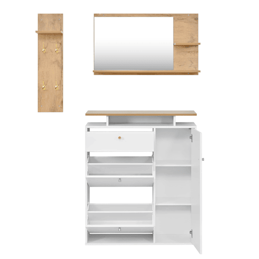 Conjunto de hall de entrada 105x25x151,5 cm - 3 peças com espelho, LED e ganchos - BrancoNatural