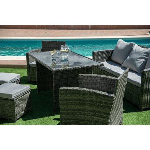 Sofá + Mesa + 2 Poltronas + 2 Pufes Rattan PE. Móveis de Jardim e Exterior, Cinza