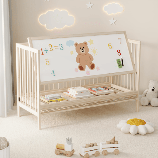 Móvel infantil combinado - multifuncional: berço, armário e estante giratória - Natural