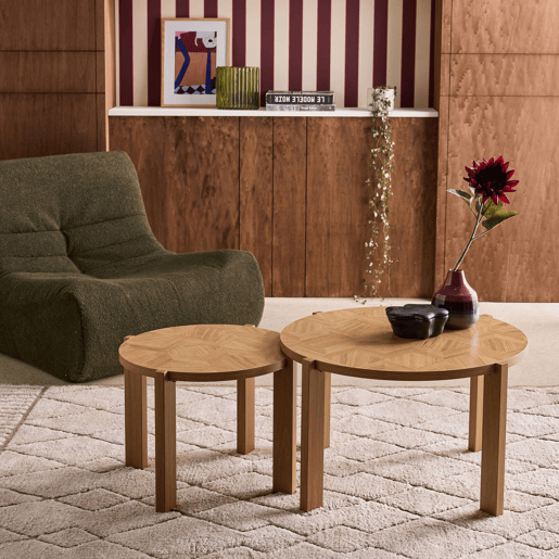 Mesas de encaixe vintage redondas com tampo efeito espinha de peixe Natural - 70x70x42.5 cm