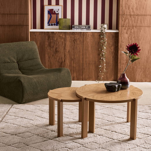 Mesas de encaixe vintage redondas com tampo efeito espinha de peixe Natural - 70x70x42.5 cm