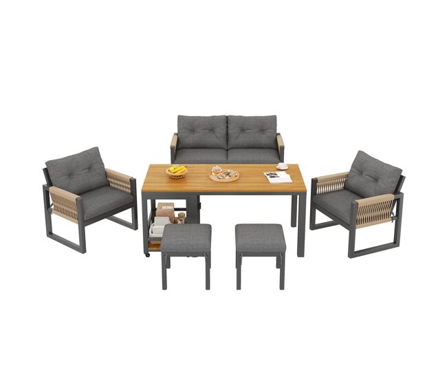 Conjunto sofá jardín varias plazas - estructura hierro, brazos trenzados, cojines, mesa - gris/natural