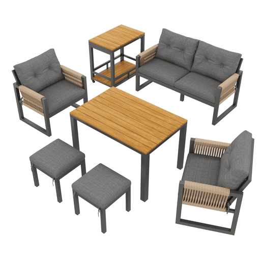 Conjunto de sofás de jardim com vários lugares - estrutura em ferro, braços trançados, almofadas, mesa - cinzentonatural