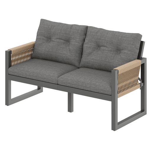 Conjunto de sofás de jardim com vários lugares - estrutura em ferro, braços trançados, almofadas, mesa - cinzentonatural