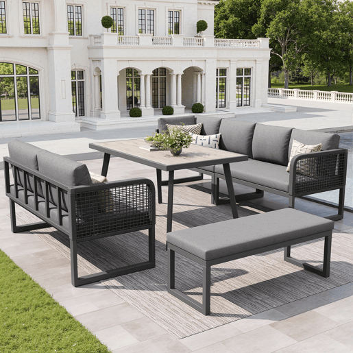 Conjunto de mobiliário de jardim para 6-8 pessoas - Rattan PE trançado, almofadas incluídas, resistente - Cinza