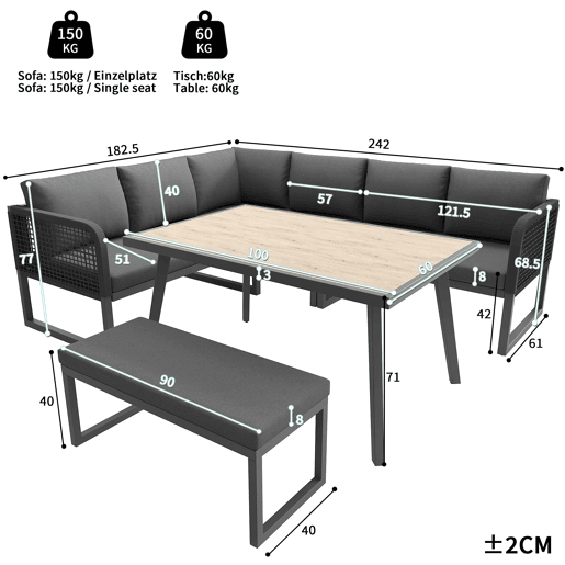Conjunto de mobiliário de jardim para 6-8 pessoas - Rattan PE trançado, almofadas incluídas, resistente - Cinza