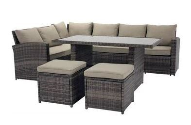 Sofa rinconera + mesa + 2 puffs de ratan pe. muebles de jardin y terraza, gris