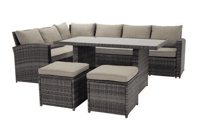 Sofá de Canto + Mesa + 2 puffs Rattan PE. Móveis de Jardim e Exterior, Cinza