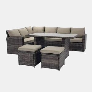 Sofá de Canto + Mesa + 2 puffs Rattan PE. Móveis de Jardim e Exterior, Cinza