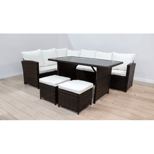 Sofá de Canto + Mesa + 2 puffs Rattan PE. Móveis de Jardim e Exterior, Cinza