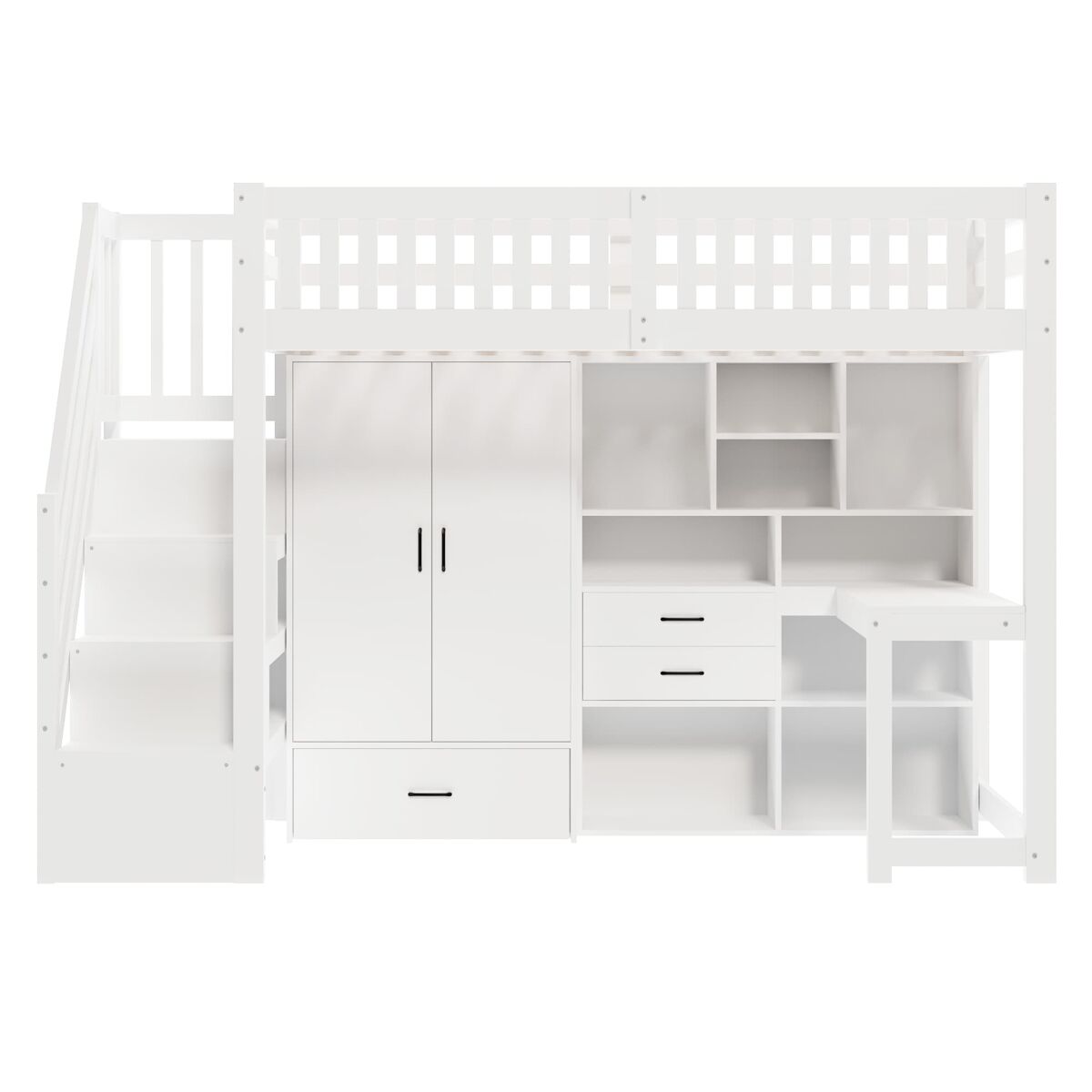 Cama alta 90x200 cm - escalera de almacenamiento, armario, escritorio, cajones, estantes - blanco