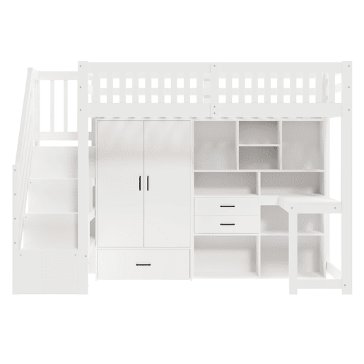 Cama alta 90x200 cm - Escada com arrumação, armário, secretária, gavetas, prateleiras - Branco Cama alta 90x200 cm - Escada com arrumação, armário, secretária, gavetas, prateleiras - Branco