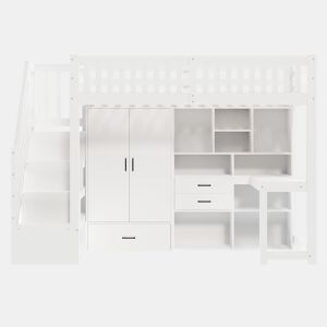 Cama alta 90x200 cm - Escada com arrumação, armário, secretária, gavetas, prateleiras - Branco