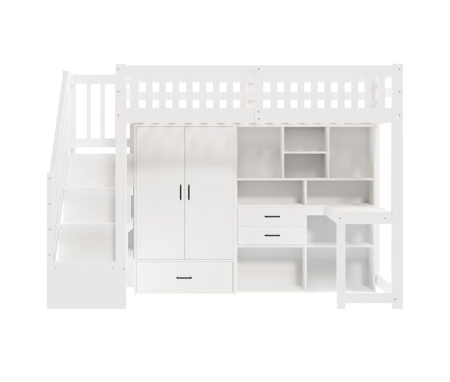 Cama alta 90x200 cm - escalera de almacenamiento, armario, escritorio, cajones, estantes - blanco