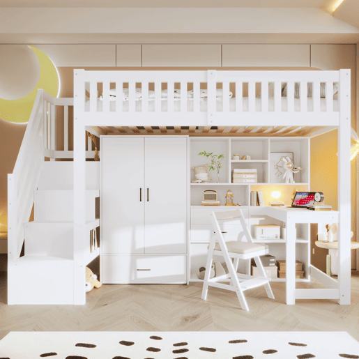 Cama alta 90x200 cm - Escada com arrumação, armário, secretária, gavetas, prateleiras - Branco Cama alta 90x200 cm - Escada com arrumação, armário, secretária, gavetas, prateleiras - Branco