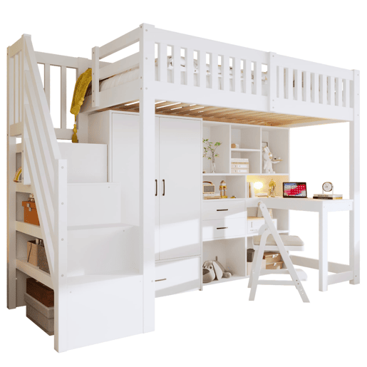Cama alta 90x200 cm - Escada com arrumação, armário, secretária, gavetas, prateleiras - Branco Cama alta 90x200 cm - Escada com arrumação, armário, secretária, gavetas, prateleiras - Branco
